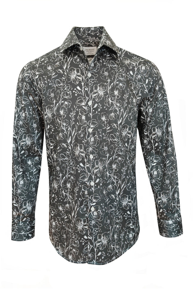 Men's Slim Fit Grey Monochrome Floral Pattern Shirt