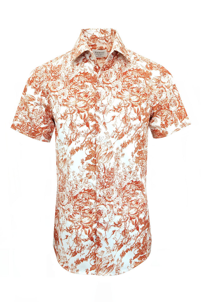 White Orange Floral and Botanical Print Short Sleeves Shirt