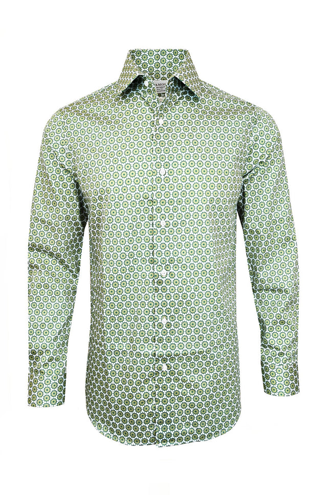 Green Geometric Print Slim Fit Cotton Shirt – Single Cuff