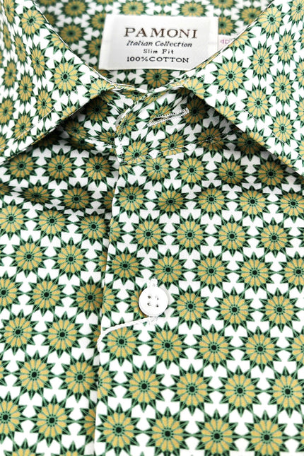 Green Geometric Print Slim Fit Cotton Shirt – Single Cuff