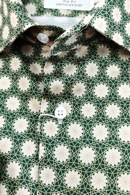 Green Geometric Floral Print Slim Fit Shirt
