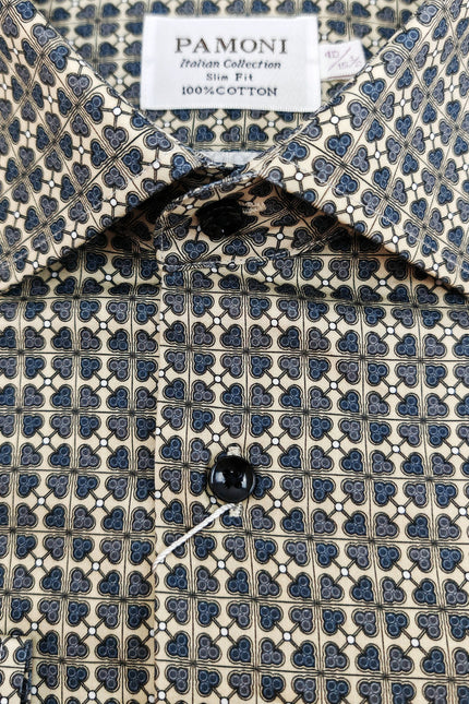 Men’s Beige & Navy Geometric Print Slim Fit Shirt