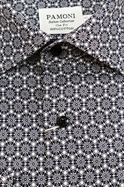 Men’s Navy & White Micro Floral Print Slim Fit Shirt