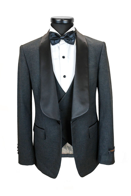 Men’s Slim Fit Wool-Blend Tuxedo with Satin Shawl Lapels – Charcoal
