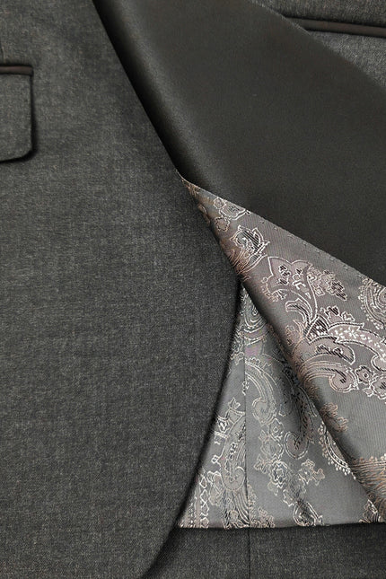 Men’s Slim Fit Wool-Blend Tuxedo with Satin Shawl Lapels – Charcoal