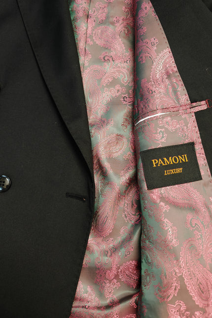Close-up of a black suit jacket with a pink and green paisley patterned lining. A black brand label reading 'PAMONI LUXURY' is visible on the lining.
