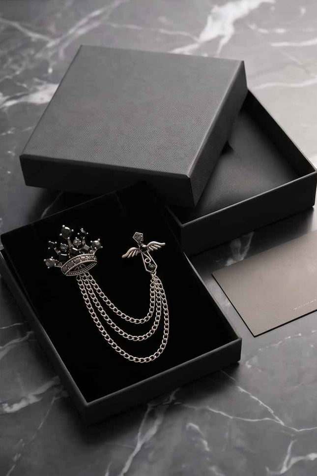 Midnight Crown & Wing Chain Lapel Pin