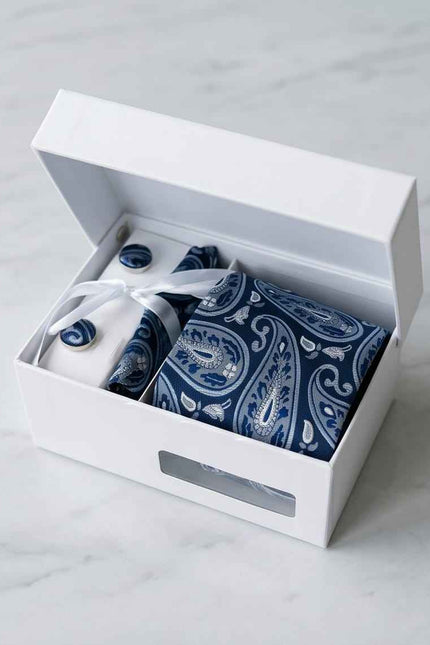 Navy Paisley Tie Set with Matching Pocket Square & Cufflinks