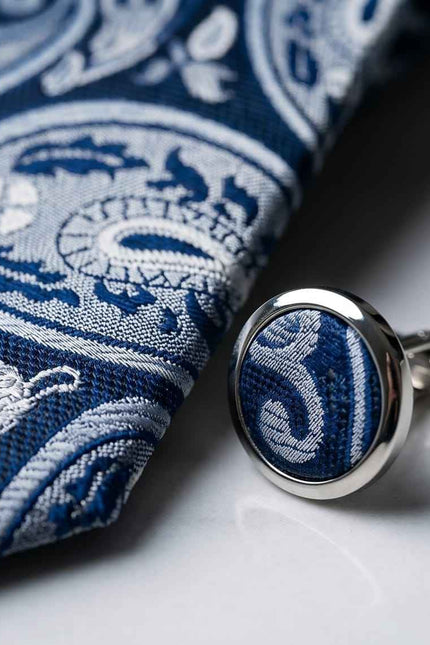 Navy Paisley Tie Set with Matching Pocket Square & Cufflinks