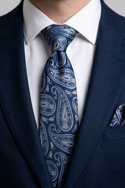 Navy Paisley Tie Set with Matching Pocket Square & Cufflinks