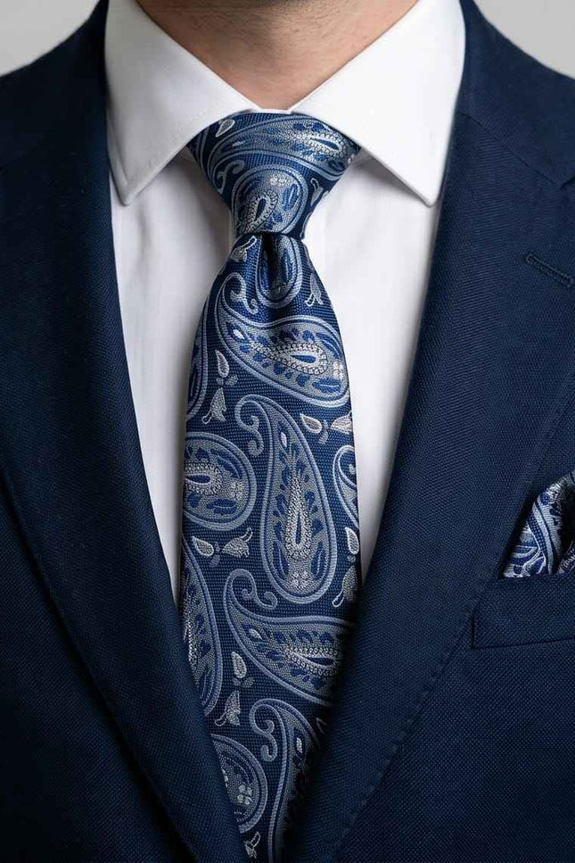 Navy Paisley Tie Set with Matching Pocket Square & Cufflinks