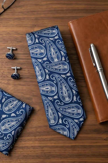 Navy Paisley Tie Set with Matching Pocket Square & Cufflinks