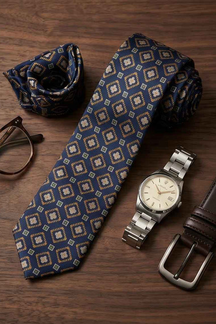 Navy & Gold Geometric Tie Set with Matching Cufflinks