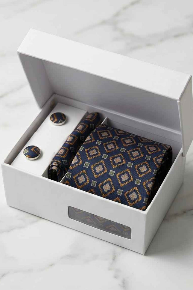 Navy & Gold Geometric Tie Set with Matching Cufflinks