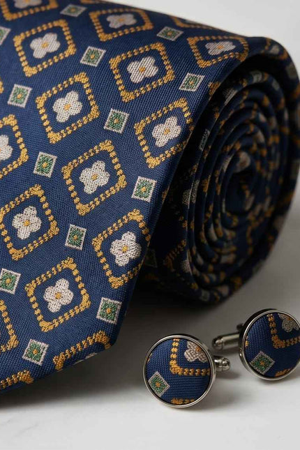 Navy & Gold Geometric Tie Set with Matching Cufflinks