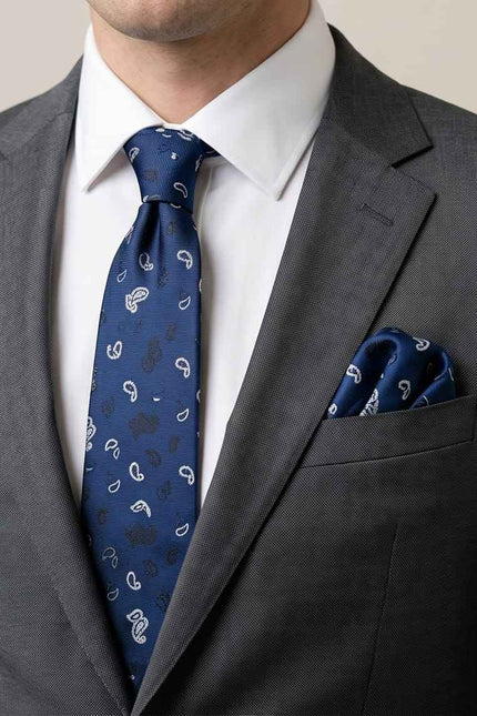Sophisticated Paisley Ensemble: Navy Blue Tie, Cufflinks & Pocket Square Gift Set