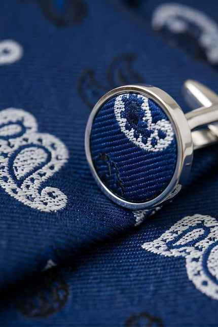 Sophisticated Paisley Ensemble: Navy Blue Tie, Cufflinks & Pocket Square Gift Set