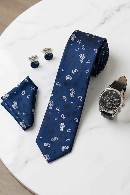 Sophisticated Paisley Ensemble: Navy Blue Tie, Cufflinks & Pocket Square Gift Set