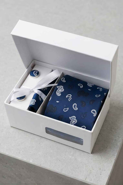 Sophisticated Paisley Ensemble: Navy Blue Tie, Cufflinks & Pocket Square Gift Set