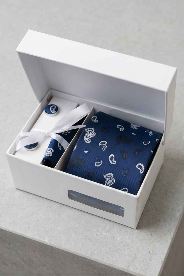Sophisticated Paisley Ensemble: Navy Blue Tie, Cufflinks & Pocket Square Gift Set