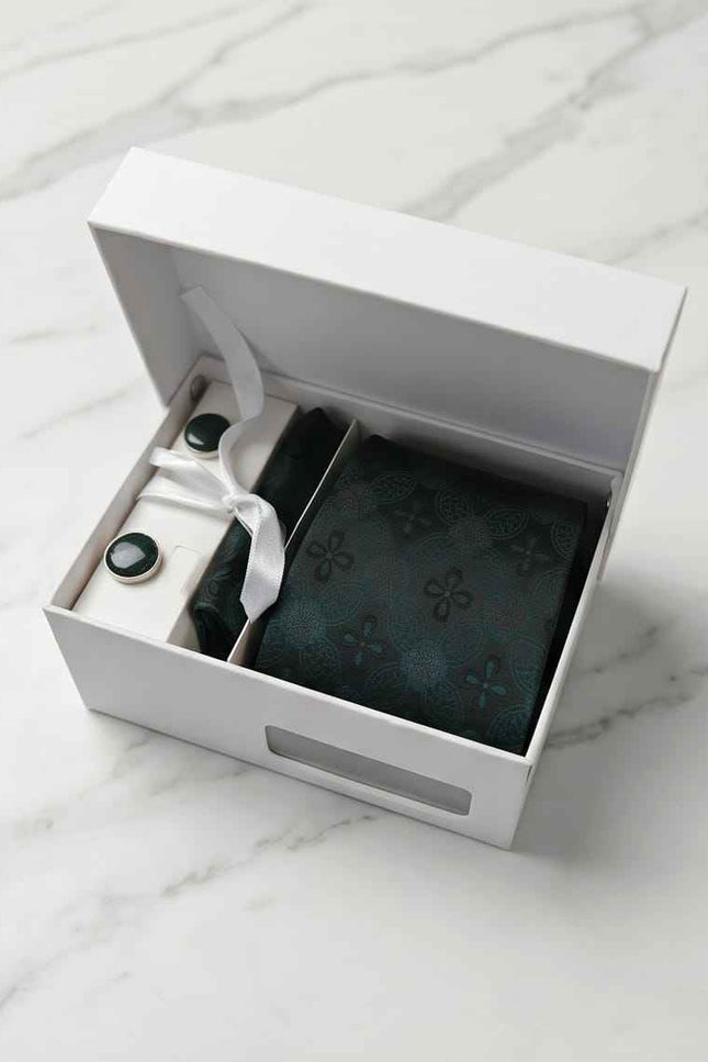 Deep Teal Jacquard Tie Set with Cufflinks & Pocket Square