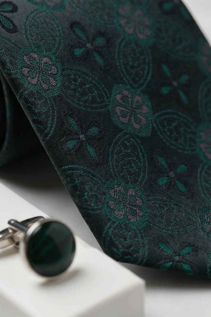 Deep Teal Jacquard Tie Set with Cufflinks & Pocket Square