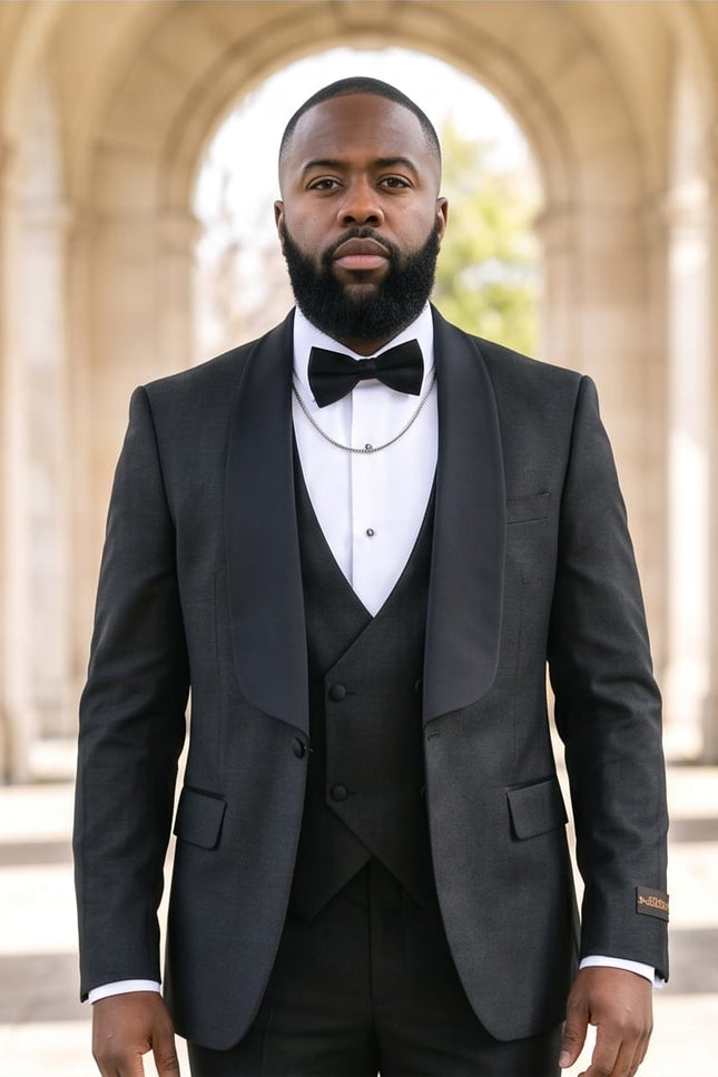 Men’s Slim Fit Wool-Blend Tuxedo with Satin Shawl Lapels – Charcoal