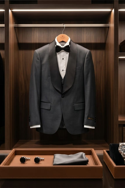 Men’s Slim Fit Wool-Blend Tuxedo with Satin Shawl Lapels – Charcoal