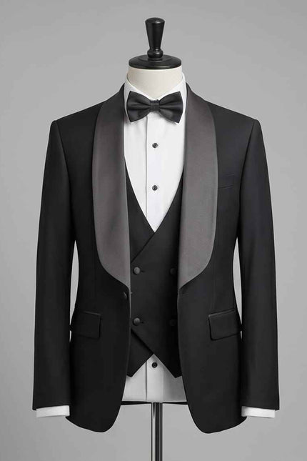 Classic Black Shawl Collar Tuxedo with Double-Breasted Vest