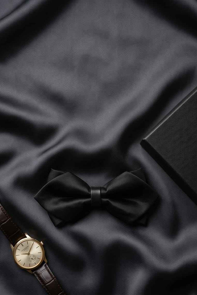 Black Satin Pre-Tied Bow Tie with Adjustable Band