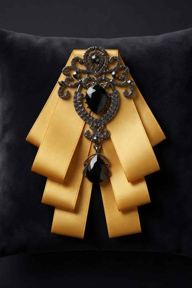 Ornate Gold Ribbon Bow with Black Crystal Embellishment