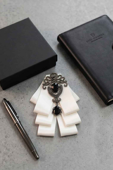 Ivory Elegance Bow Tie with Onyx-Style Gem
