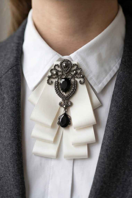 Ivory Elegance Bow Tie with Onyx-Style Gem