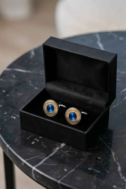 Ornate Blue & Gold Round Cufflinks