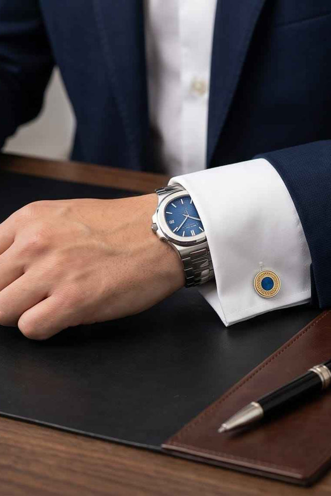 Ornate Blue & Gold Round Cufflinks