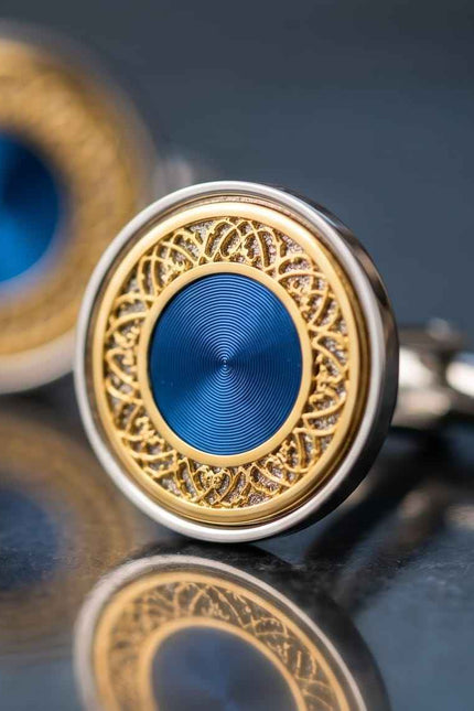 Ornate Blue & Gold Round Cufflinks