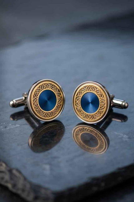 Ornate Blue & Gold Round Cufflinks