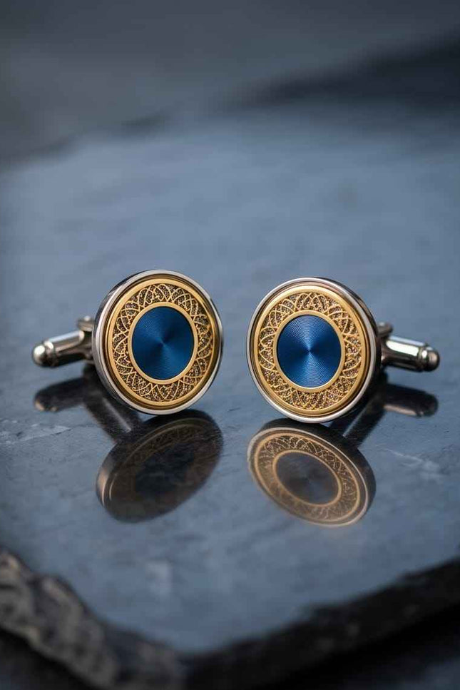 Ornate Blue & Gold Round Cufflinks