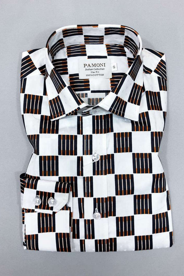 White Black/orange Square Slim Fit Shirt Men's Shirt