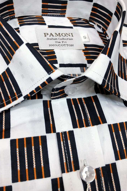 White Black/orange Square Slim Fit Shirt Men's Shirt