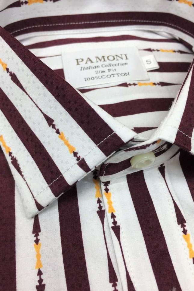 White Maroon Bold Stripe Slim Fit Shirt Men's Shirt
