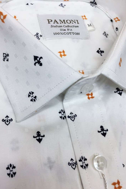 White Navy/orange Symbol Print Slim Fit Shirt Men's Shirt