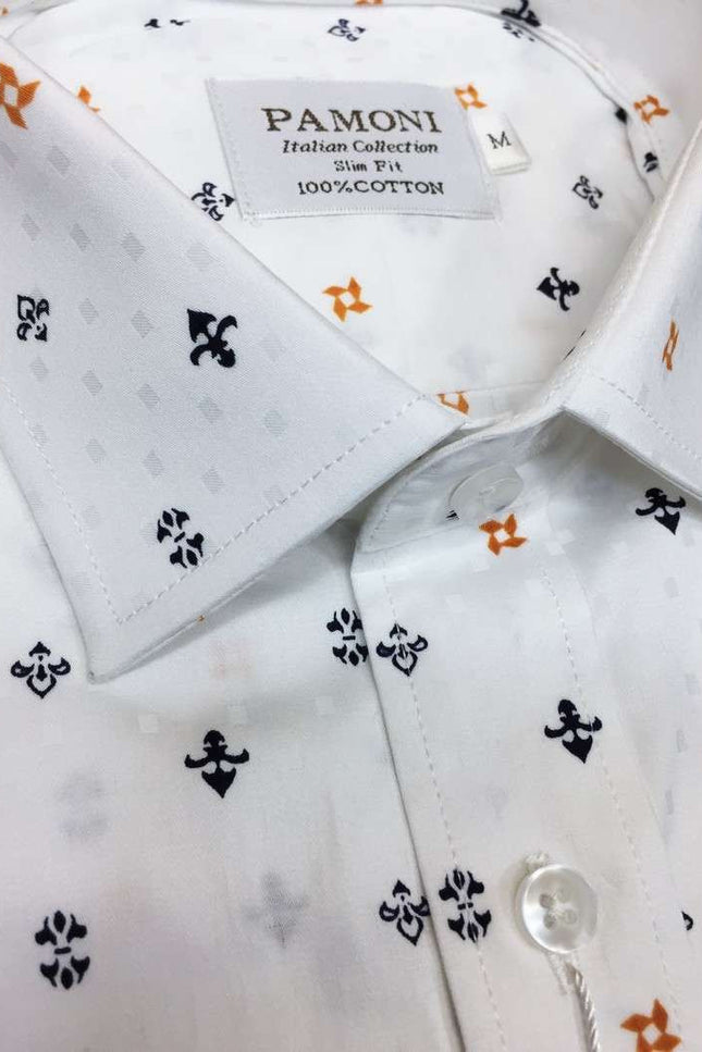 White Navy/orange Symbol Print Slim Fit Shirt Men's Shirt
