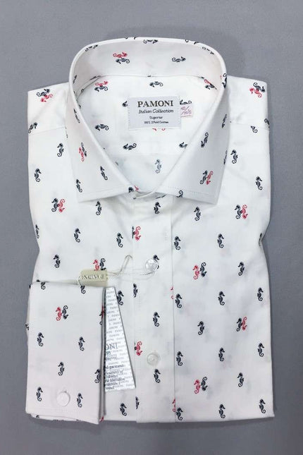 White Seahorse Print Slim Fit Shirt Men's Shirt