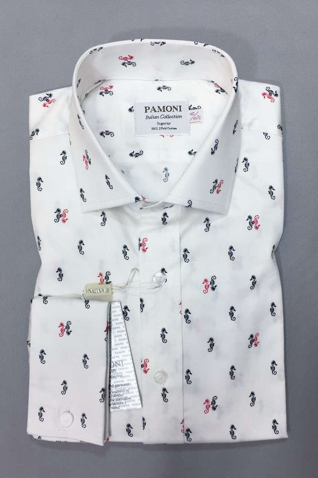 White Seahorse Print Slim Fit Shirt Men's Shirt