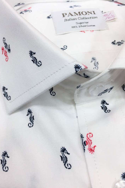 White Seahorse Print Slim Fit Shirt Men's Shirt