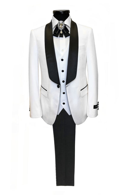 White 3-Piece Tuxedo with Black Shawl Lapel