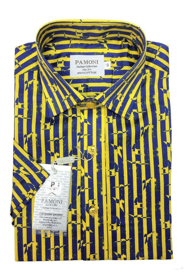 Yellow Stripe Print Design Short Sleeves Shirt Men's Shirt