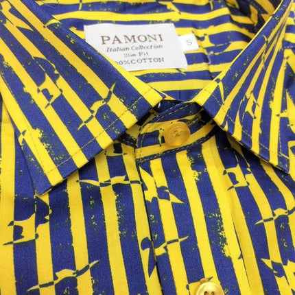 Yellow Stripe Print Design Short Sleeves Shirt Men's Shirt