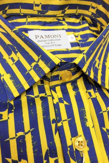 Yellow Stripe Print Design Short Sleeves Shirt Men's Shirt